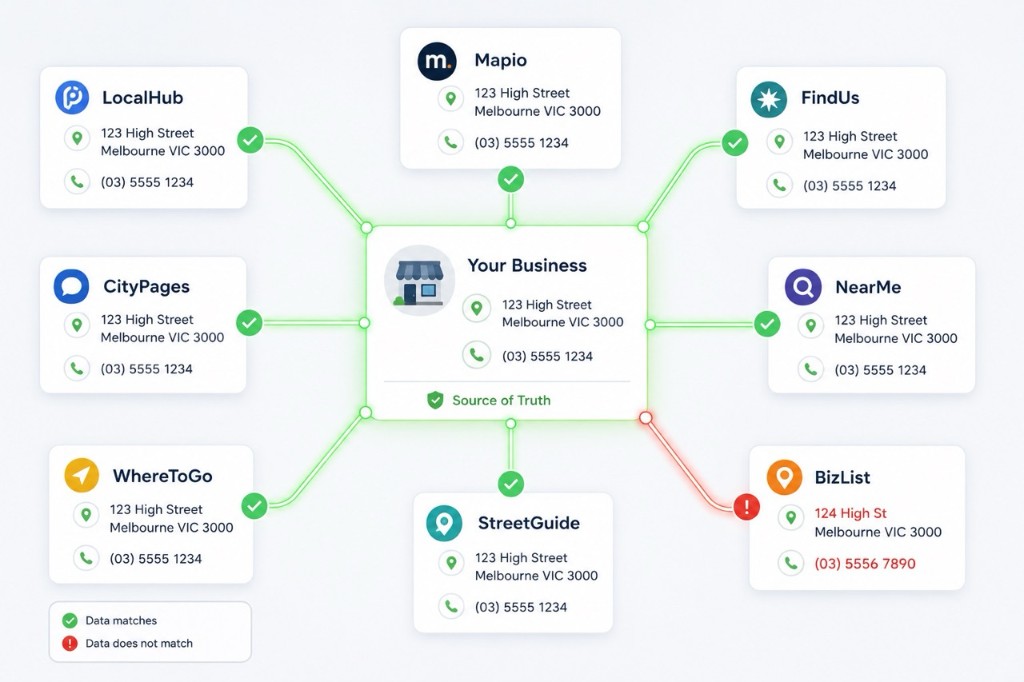 Diagram of directory listings linked to a central business with matching NAP