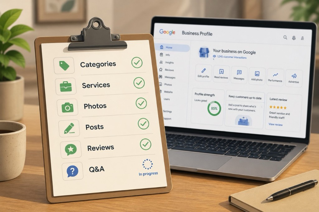 Illustrated Google Business Profile checklist on a clipboard