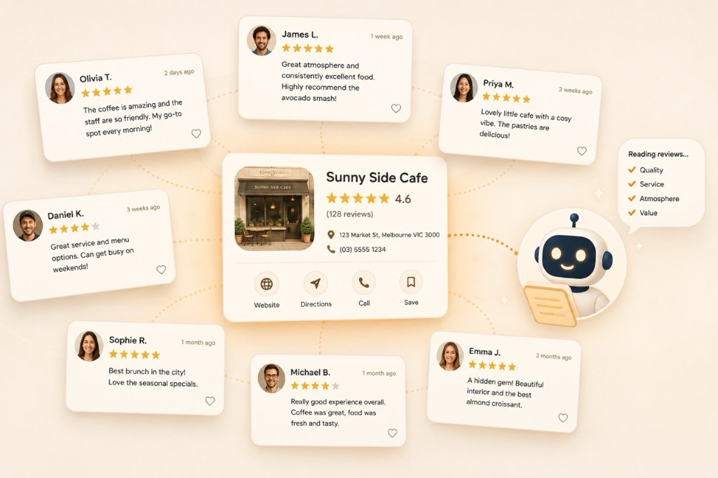 Illustration of customer reviews orbiting a business profile while an AI assistant reads them