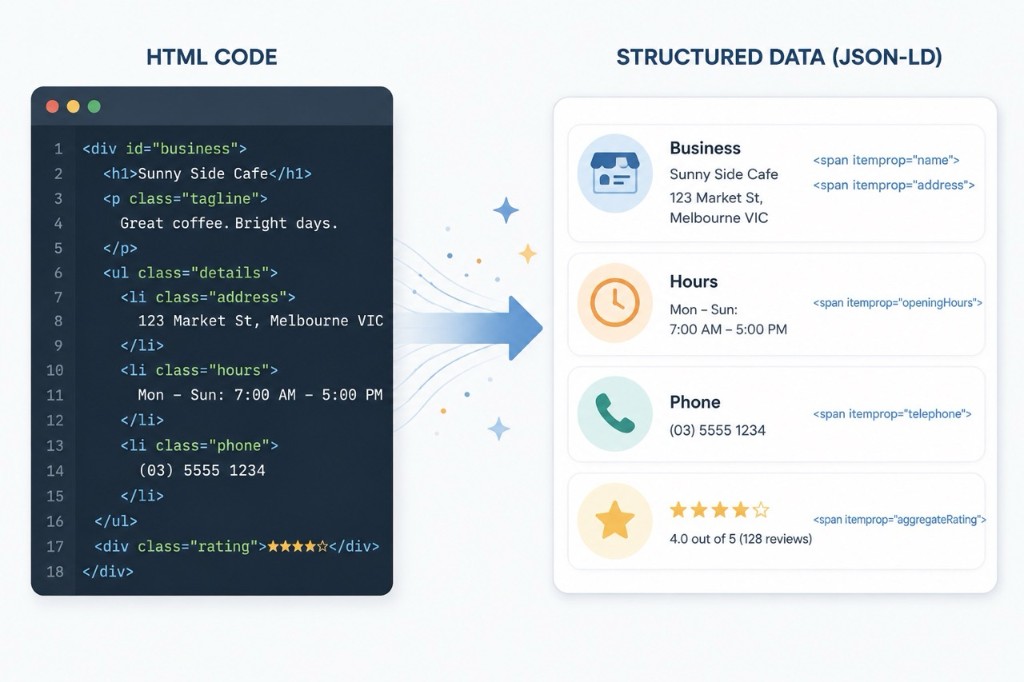 Illustration of HTML code transforming into structured schema markup for a local business