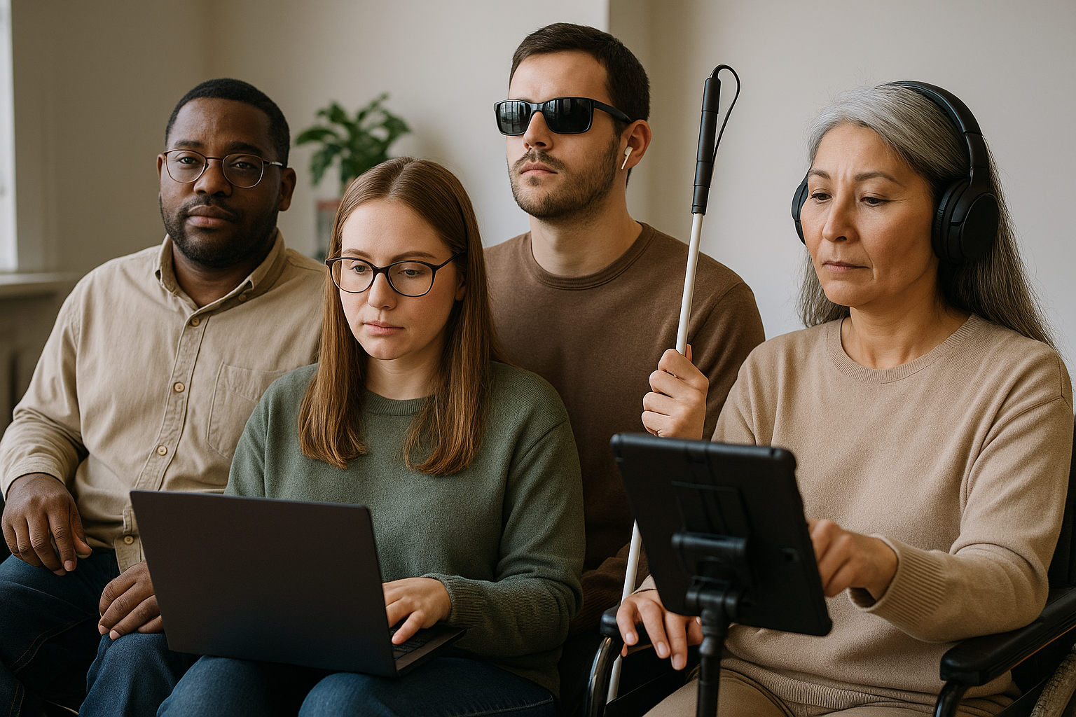 A diverse group of people using various assistive technologies