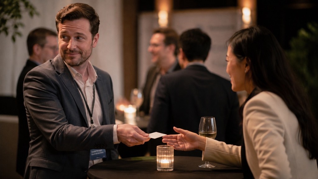Business networking — exchanging a business card at an evening event
