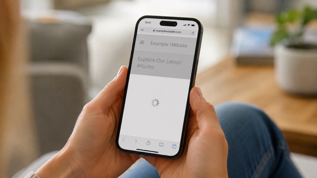 Smartphone showing a slow-loading website with a loading spinner