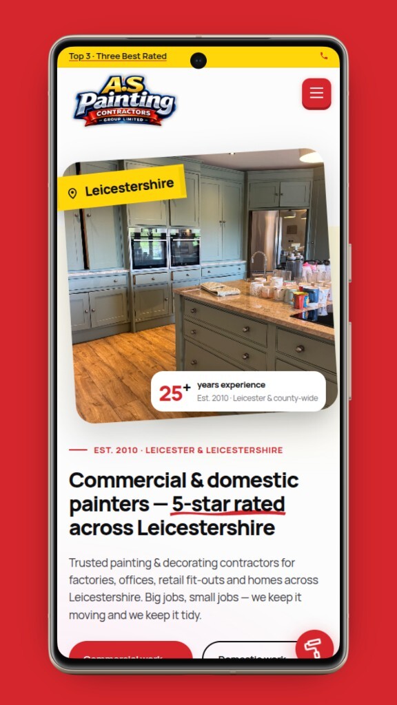 A.S Painting Contractors website on mobile. Red and yellow branding, hero with 5-star credibility, kitchen photography and primary 'commercial vs domestic' CTAs
