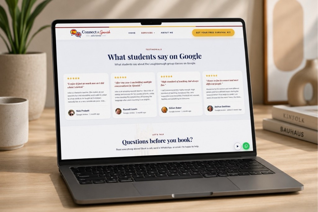 Connect in Spanish website on a laptop showing the Google testimonials section with student reviews