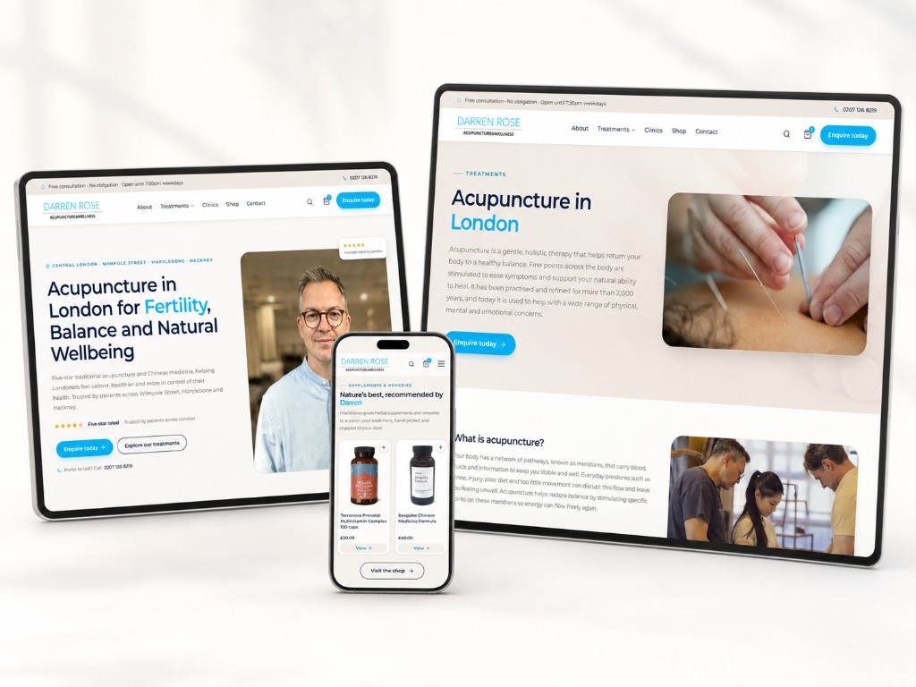 Darren Rose Acupuncture & Wellness website on tablet, phone and desktop. Fertility acupuncture in London