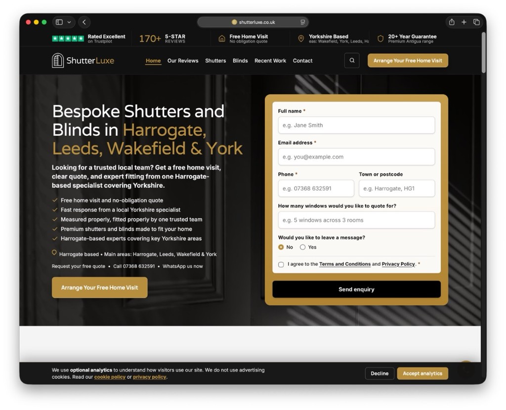 ShutterLuxe Yorkshire homepage built on Astro by dotwall
