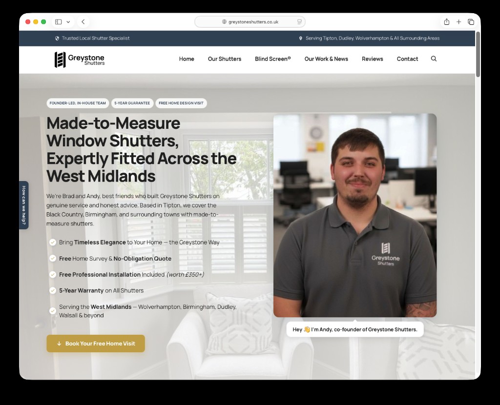 Greystone Shutters homepage on the new Astro site — hero, trust signals and founder-led messaging