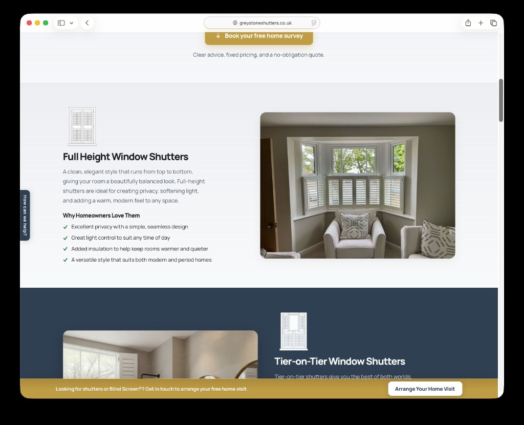 Greystone Shutters shutter types page — full-height and tier-on-tier sections with clear product copy