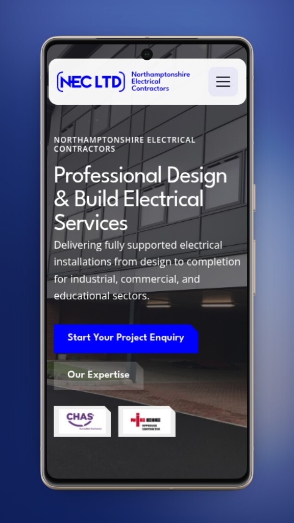 NEC Ltd Electrical website on mobile. NICEIC and CHAS-accredited commercial electrical contractors in Kettering, with hero headline and project enquiry CTA