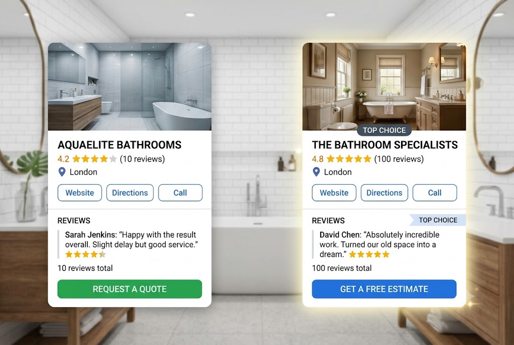 Side-by-side Google Business Profiles: one with about 10 reviews next to a Top Choice listing with 100 reviews