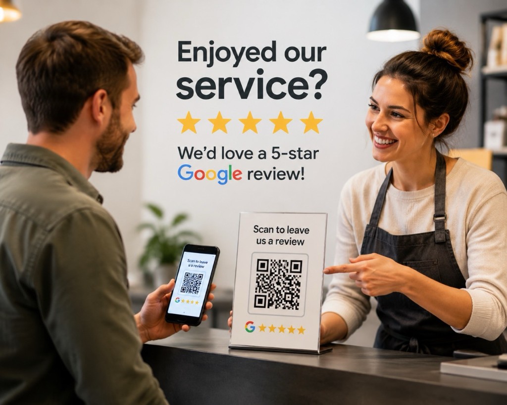 Staff pointing a customer to a countertop QR code sign so they can leave a five-star Google review on their phone
