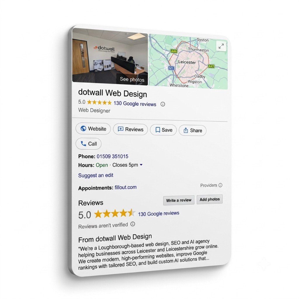 dotwall Google Business Profile showing a 5.0 rating and over a hundred Google reviews
