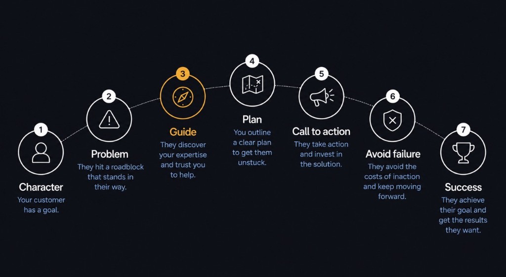The seven StoryBrand beats: Character, Problem, Guide, Plan, Call to action, Avoid failure, Success