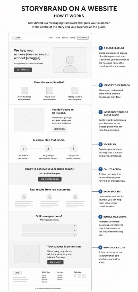 StoryBrand on a website: hero, problem, guide, plan, CTAs, success, FAQs and close