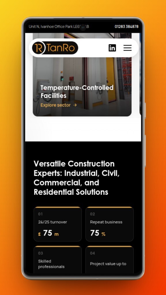TanRo website on mobile. Black and orange branding, temperature-controlled facilities hero, turnover and repeat-business stats, and sector-led navigation
