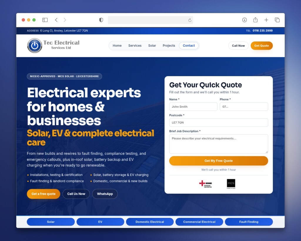 New website launch: Tec Electrical — NICEIC electricians & solar across Leicestershire