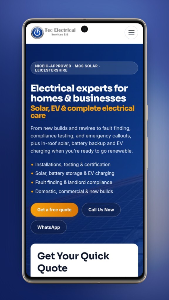 Tec Electrical website on mobile — NICEIC and MCS badges, hero headline for electrical, solar and EV work, and prominent quote CTAs