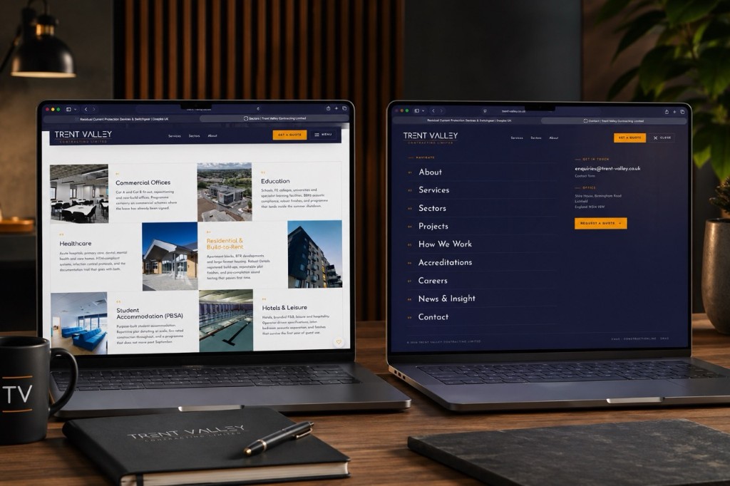 Trent Valley Contracting website on two laptops: sectors grid and full-screen navigation with contact details