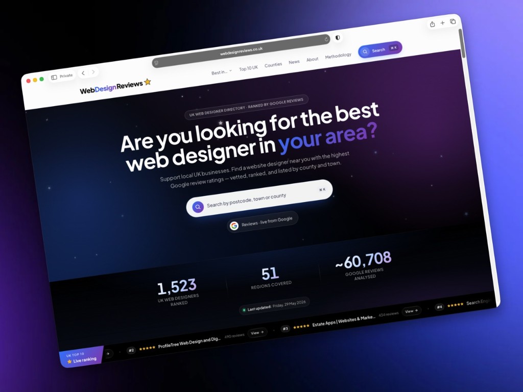 New side project: webdesignreviews.co.uk — ranking 1,523 UK web designers by Google reviews