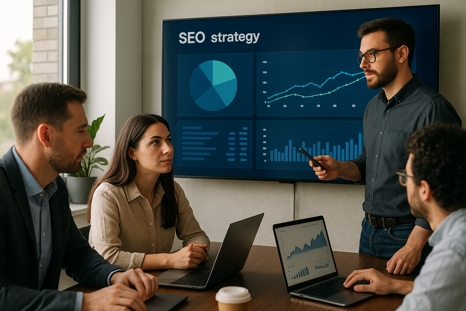 A team discussing SEO strategies over digital analytics displayed on a large office screen.