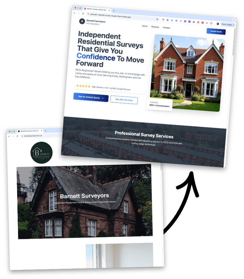 Barnett Surveyors: outdated website compared with a modern, conversion-focused homepage