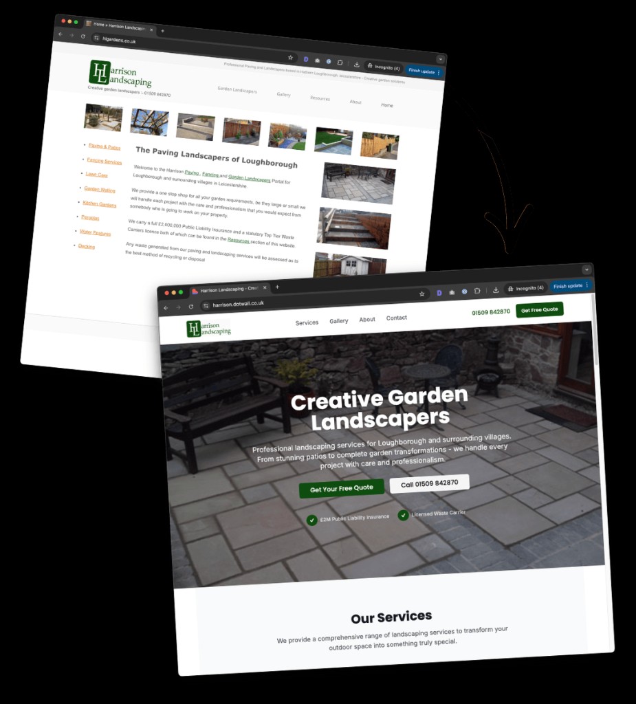 Harrison Landscaping: old website compared with the new dotwall homepage design