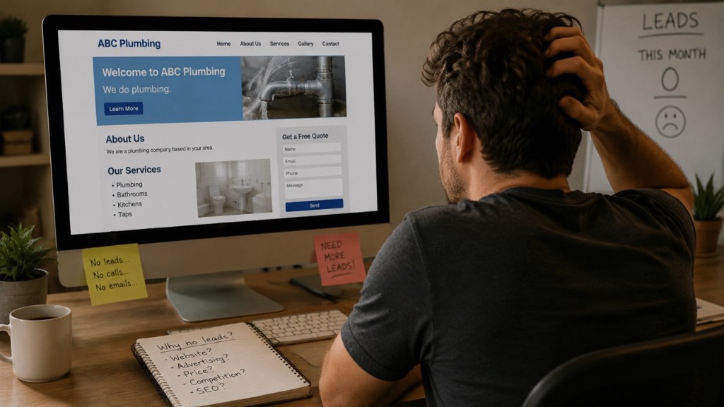 Frustrated business owner staring at a poor website with no leads