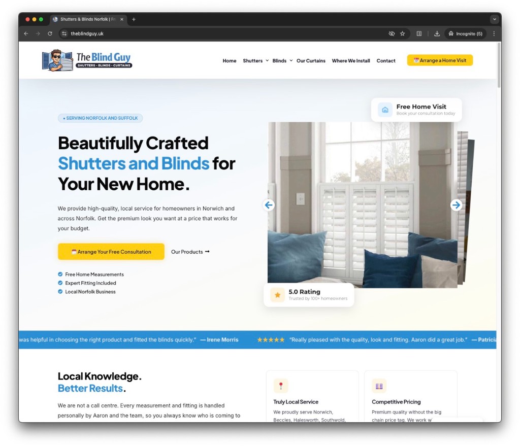 The Blind Guy website homepage — shutters, blinds and curtains for Norfolk