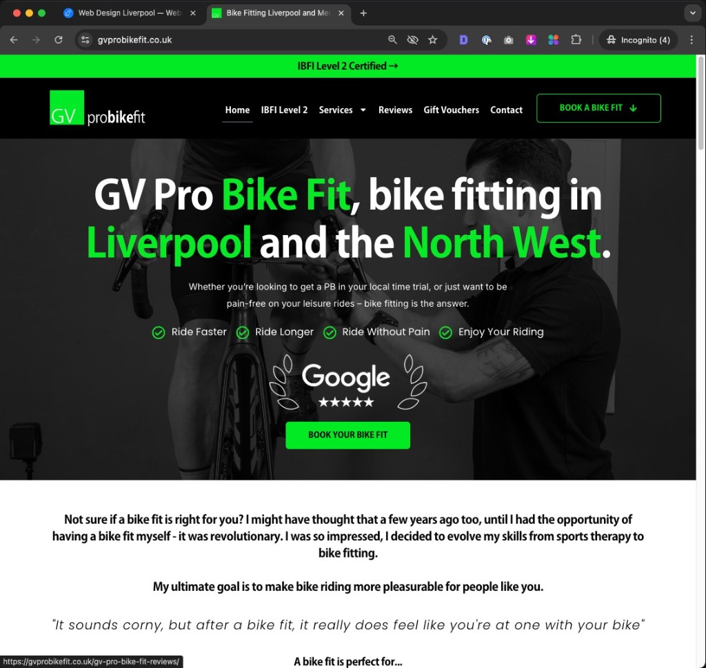 GV Pro Bike Fit website screenshot