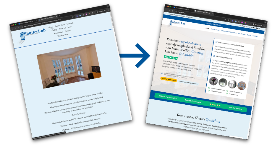 Before and after: ShutterLab's previous website compared with their new dotwall homepage