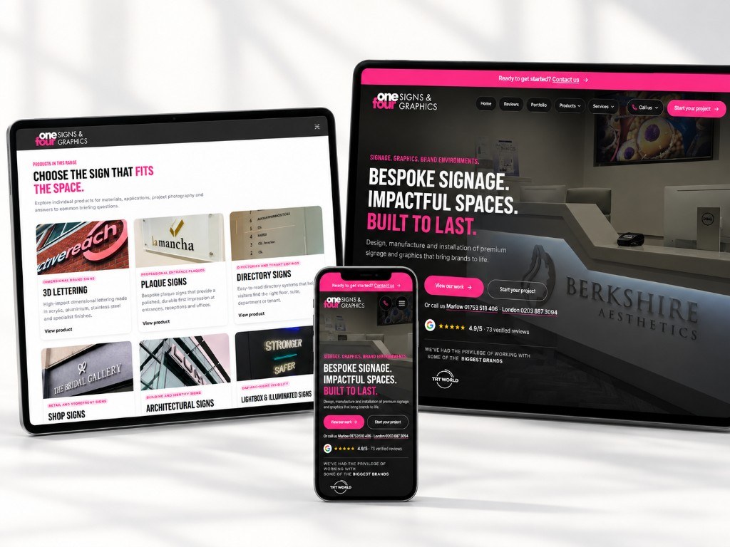 One Four Design website on tablet, phone and desktop. Bespoke signage and graphics for London, Marlow and nationwide installs