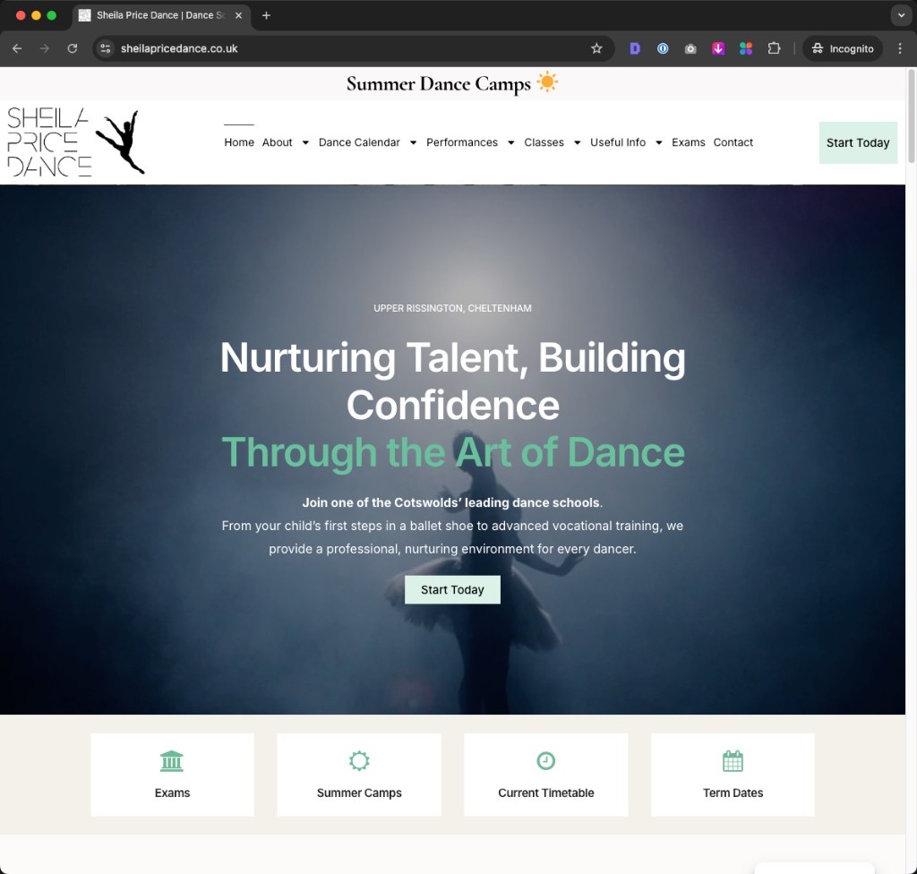 Sheila Price Dance new website homepage in the Cotswolds