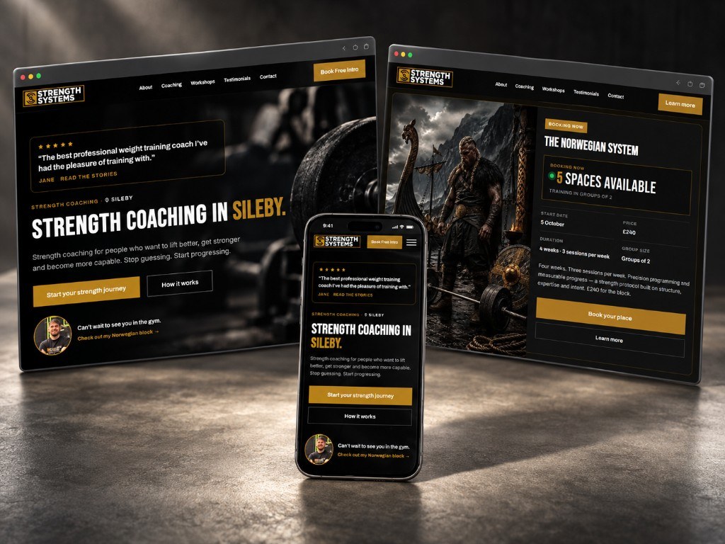 Strength Systems website on desktop and phone. Black and gold strength coaching site for Adam Philpott at Banks Fitness, Sileby