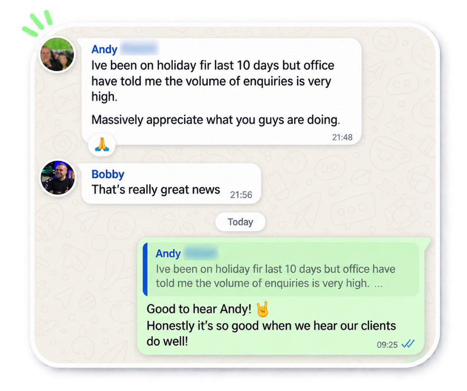 WhatsApp message from Andy at DH1 Bathrooms saying enquiry volume is very high while he was on holiday, thanking the team for the SEO work