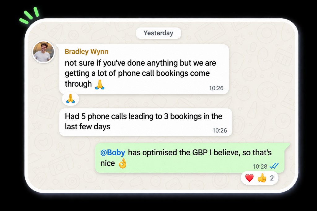 WhatsApp message from Bradley at Greystone Shutters saying they are getting a lot of phone call bookings, with five calls leading to three bookings