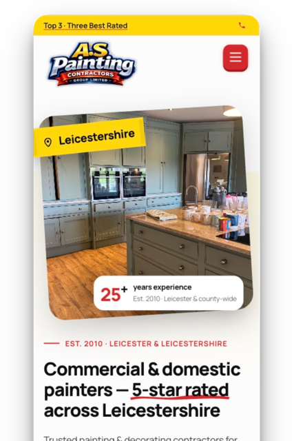 A.S Painting Contractors mobile website design: bold hero, Leicestershire badge and five-star trust signals.