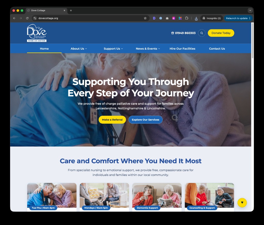 A WordPress site rebuilt on Astro — Dove Cottage Hospice homepage example