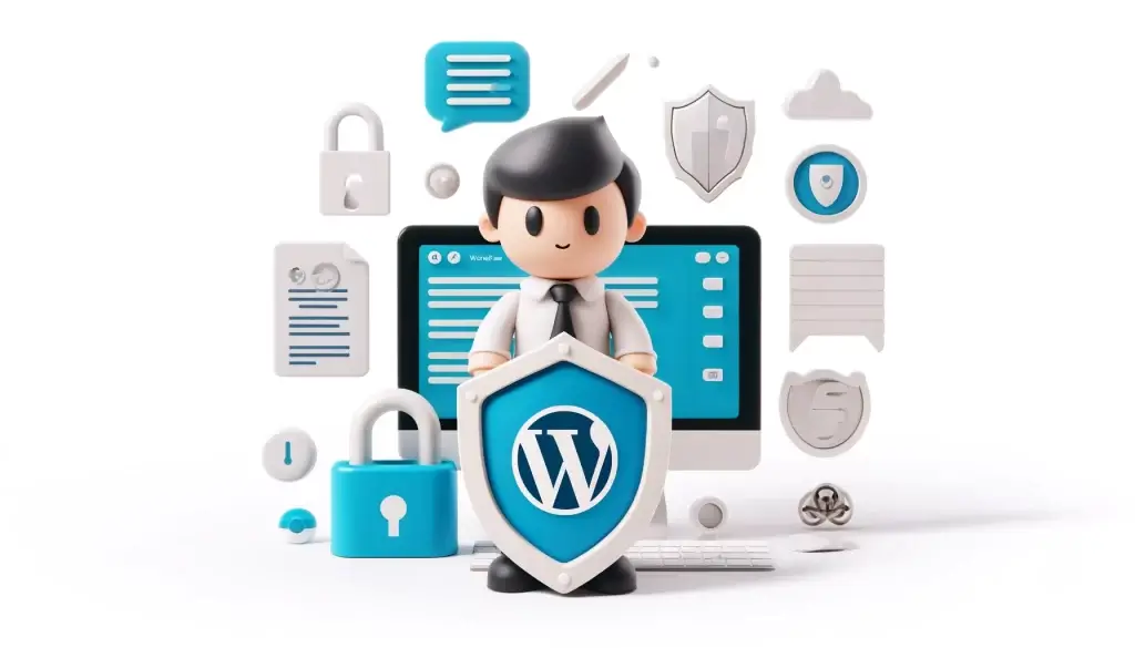 DALL·E 2024 06 10 16.54.37 A 3D cartoon style image on a white background designed as a header for a blog about WordPress security. The image features a cheerful character with