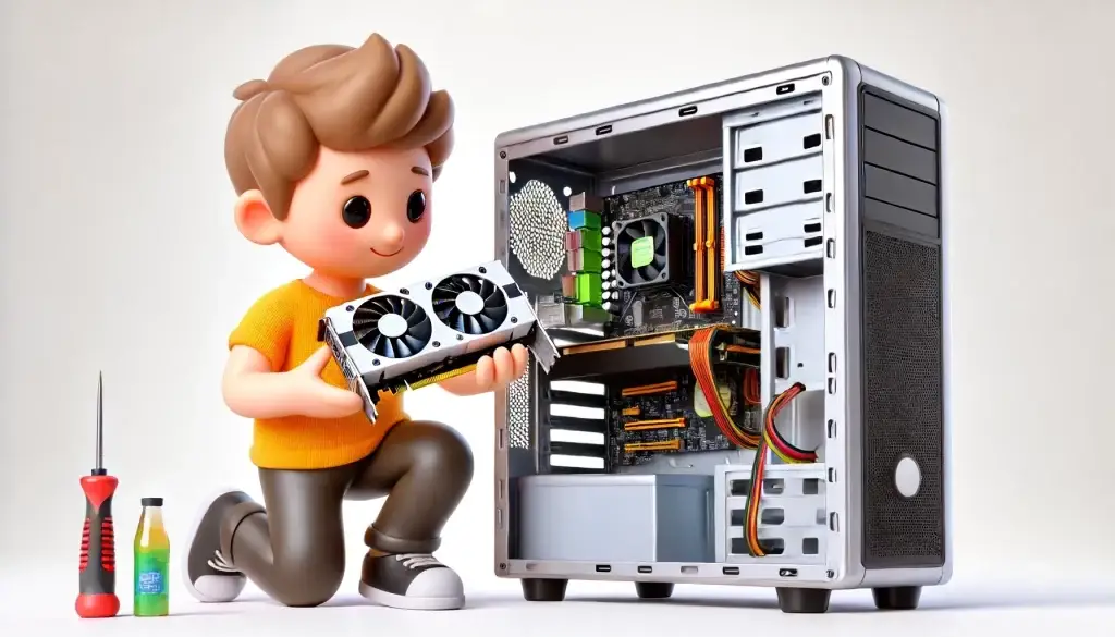 DALL·E 2024 06 13 11.51.41 A 3D cartoon image of a person installing a graphics card into a PC. The scene is set on a pure white background. The person depicted in a colorful a